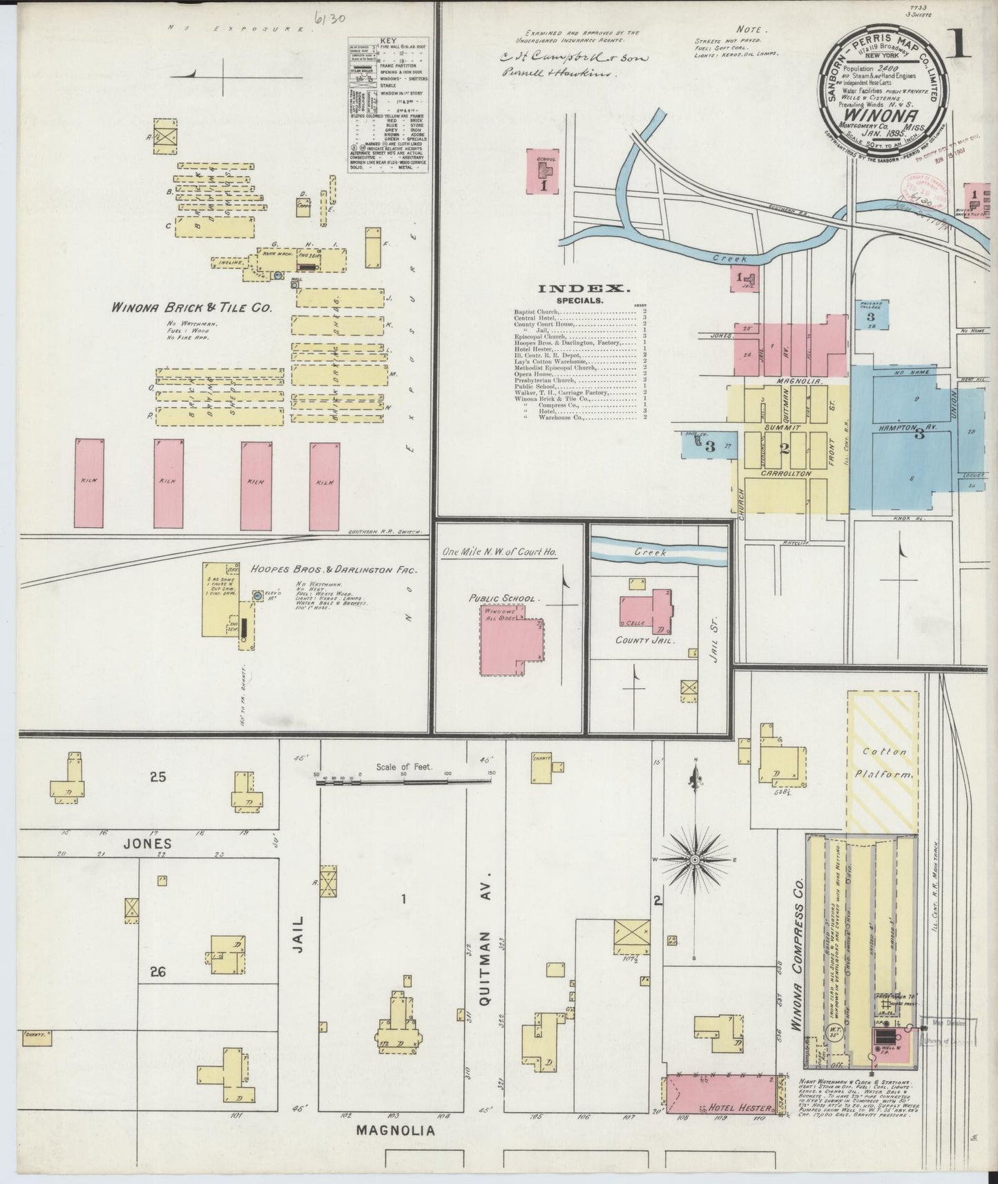 Sanborn Fire Insurance Map from Winona, Montgomery County, Mississippi (1895), Sheet #0001 - Historic Sanborn Fire Insurance Map Print, vintage old map wall art, antique decor, genealogy gift, Mississippi Mississippi map