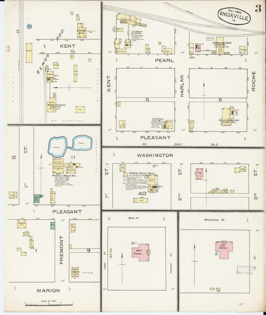 Sanborn Fire Insurance Map from Knoxville, Marion County, Iowa (1886), Sheet #0003 - Historic Sanborn Fire Insurance Map Print, vintage old map wall art