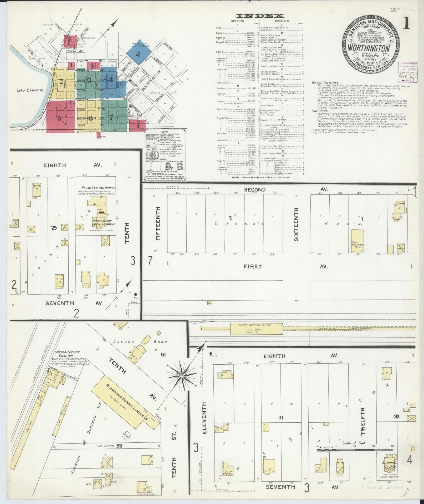 Sanborn Fire Insurance Map from Worthington, Nobles County, Minnesota (1907), Sheet #0001 - Historic Sanborn Fire Insurance Map Print, vintage old map wall art, antique decor, genealogy gift, Minnesota Minnesota map