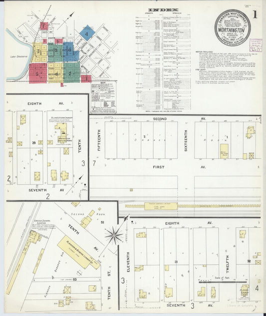 Sanborn Fire Insurance Map from Worthington, Nobles County, Minnesota (1907), Sheet #0001 - Historic Sanborn Fire Insurance Map Print, vintage old map wall art, antique decor, genealogy gift, Minnesota Minnesota map