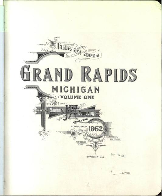 Sanborn Fire Insurance Map from Grand Rapids, Kent County, Michigan (1952), Sheet #0001 - Historic Sanborn Fire Insurance Map Print, vintage old map wall art, antique decor, genealogy gift, Michigan Michigan map