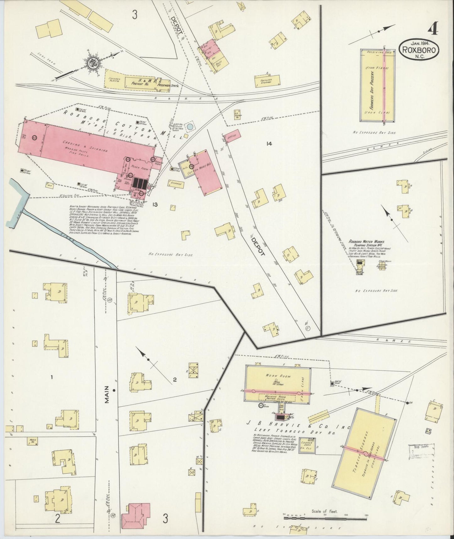 Sanborn Fire Insurance Map from Roxboro, Person County, North Carolina (1914), Sheet #0004 - Historic Sanborn Fire Insurance Map Print, vintage old map wall art, antique decor, genealogy gift, North Carolina North Carolina map