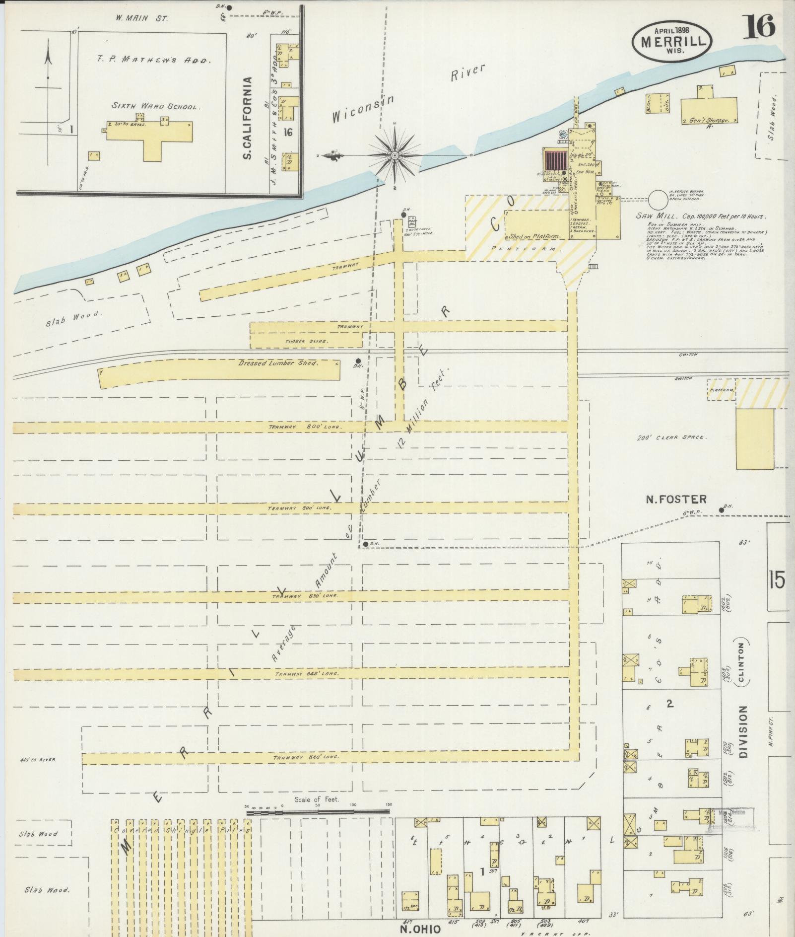 Sanborn Fire Insurance Map from Merrill, Lincoln County, Wisconsin (1898), Sheet #0016 - Historic Sanborn Fire Insurance Map Print, vintage old map wall art, antique decor, genealogy gift, Wisconsin Wisconsin map