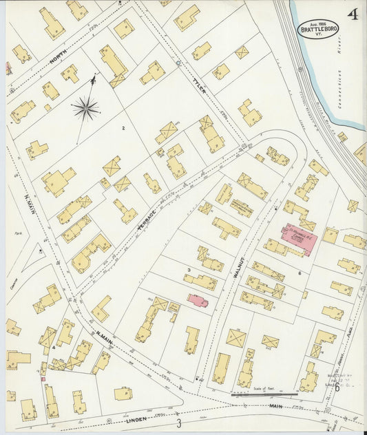 Sanborn Fire Insurance Map from Brattleboro, Windham County, Vermont (1906), Sheet #0004 - Historic Sanborn Fire Insurance Map Print, vintage old map wall art, antique decor, genealogy gift, Vermont Vermont map