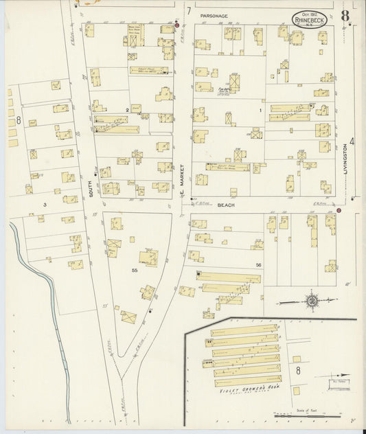Sanborn Fire Insurance Map from Rhinebeck, Dutchess County, New York (1912), Sheet #0008 - Historic Sanborn Fire Insurance Map Print, vintage old map wall art, antique decor, genealogy gift, New York New York map