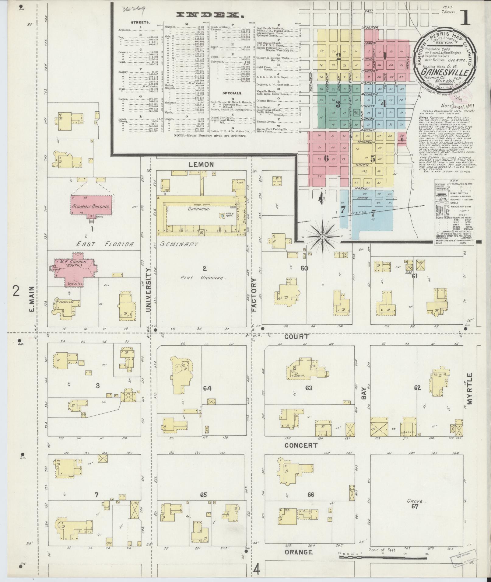 Sanborn Fire Insurance Map from Gainesville, Alachua County, Florida (1897), Sheet #0001 - Historic Sanborn Fire Insurance Map Print, vintage old map wall art, antique decor, genealogy gift, Florida Florida map