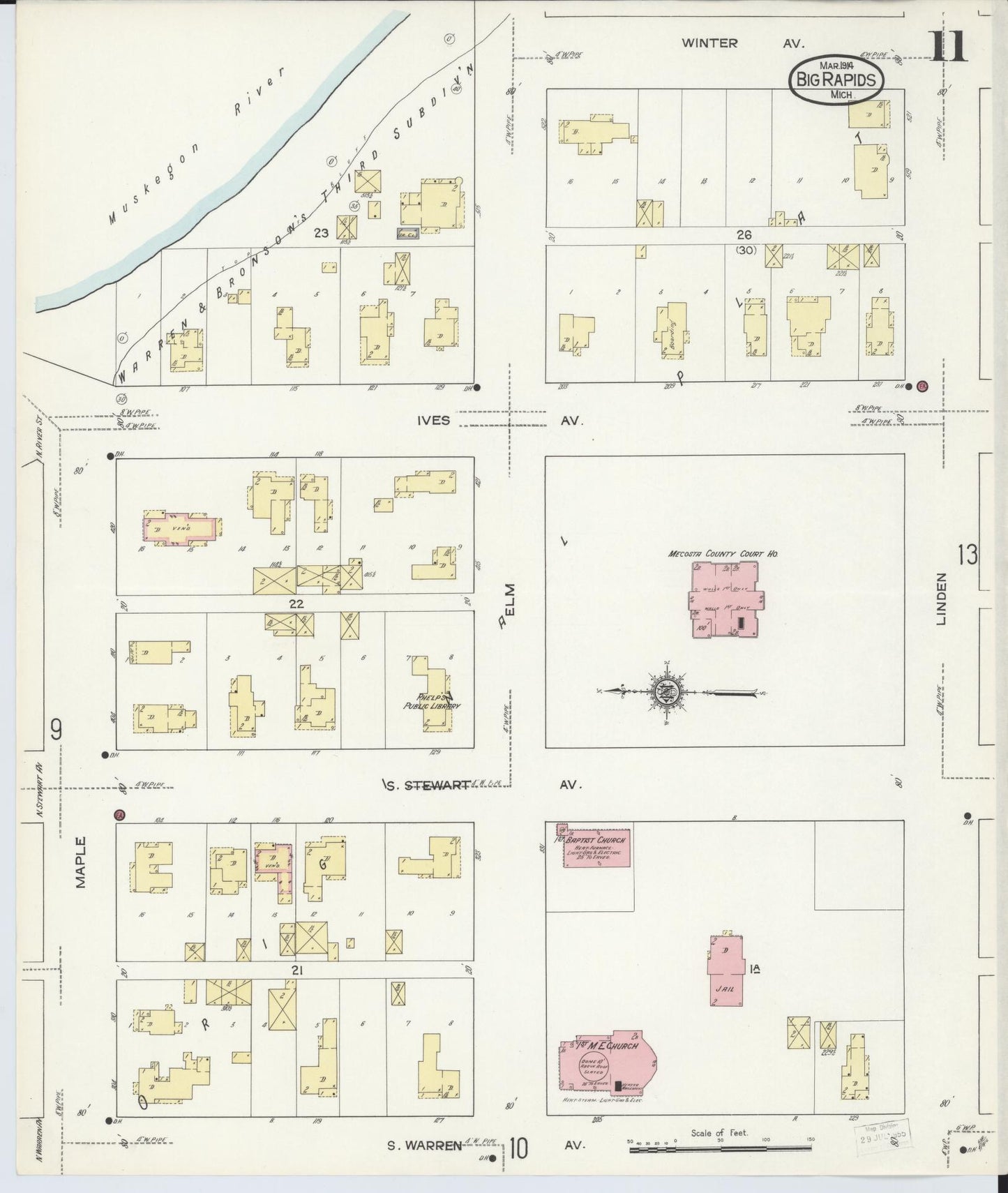 Sanborn Fire Insurance Map from Big Rapids, Mecosta County, Michigan (1914), Sheet #0011 - Historic Sanborn Fire Insurance Map Print, vintage old map wall art, antique decor, genealogy gift, Michigan Michigan map