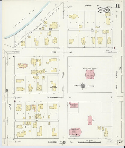 Sanborn Fire Insurance Map from Big Rapids, Mecosta County, Michigan (1914), Sheet #0011 - Historic Sanborn Fire Insurance Map Print, vintage old map wall art, antique decor, genealogy gift, Michigan Michigan map