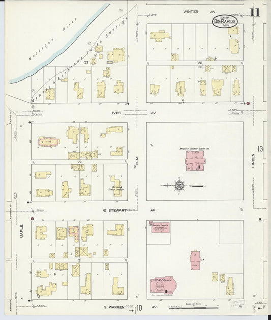 Sanborn Fire Insurance Map from Big Rapids, Mecosta County, Michigan (1914), Sheet #0011 - Historic Sanborn Fire Insurance Map Print, vintage old map wall art, antique decor, genealogy gift, Michigan Michigan map