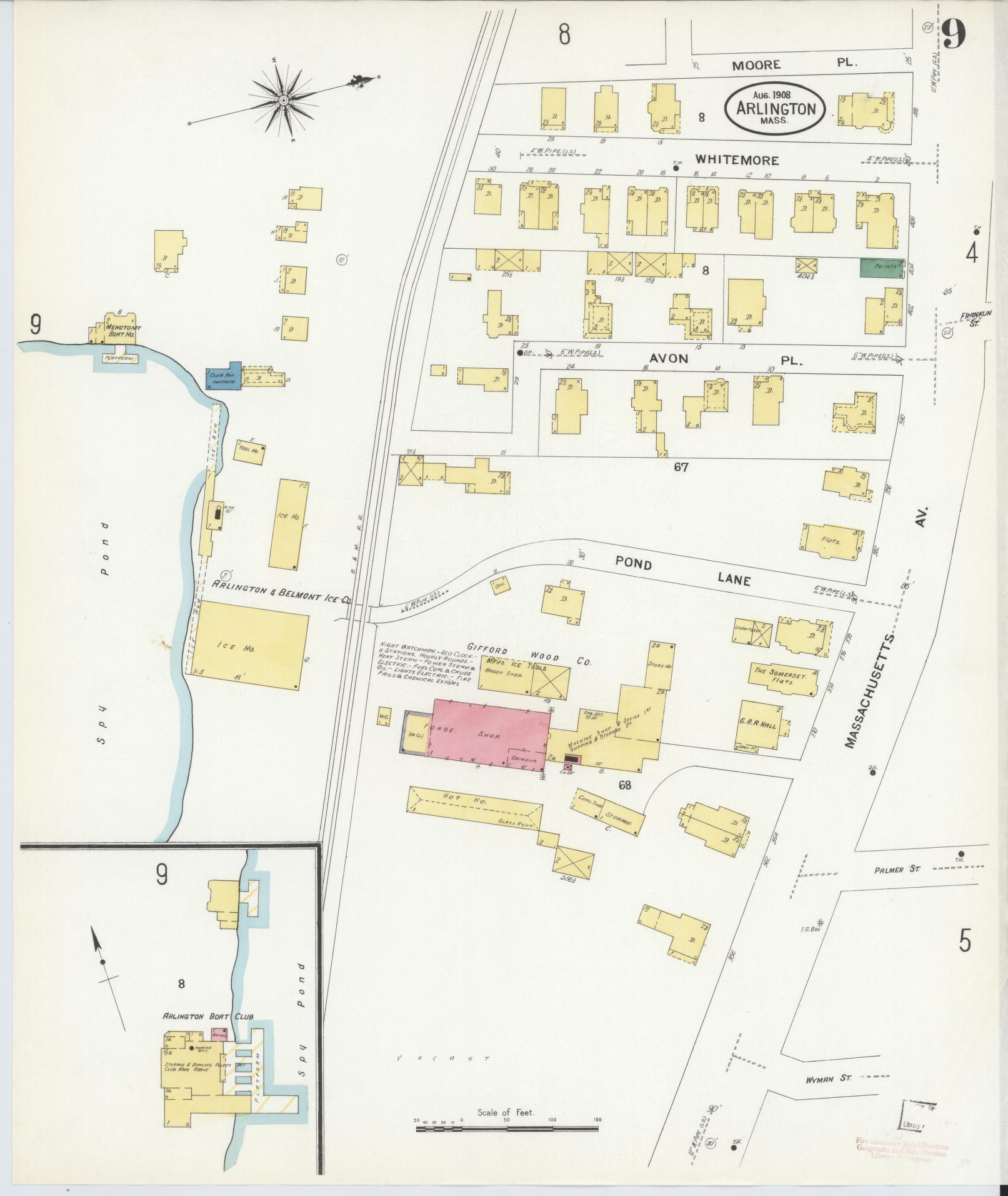 Sanborn Fire Insurance Map from Arlington, Middlesex County, Massachusetts (1908), Sheet #0009 - Complete Map Set gallery image, historic Sanborn map, vintage wall art, Massachusetts Massachusetts