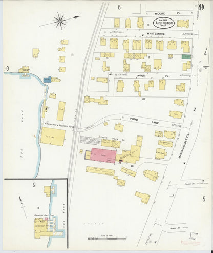 Sanborn Fire Insurance Map from Arlington, Middlesex County, Massachusetts (1908), Sheet #0009 - Complete Map Set gallery image, historic Sanborn map, vintage wall art, Massachusetts Massachusetts