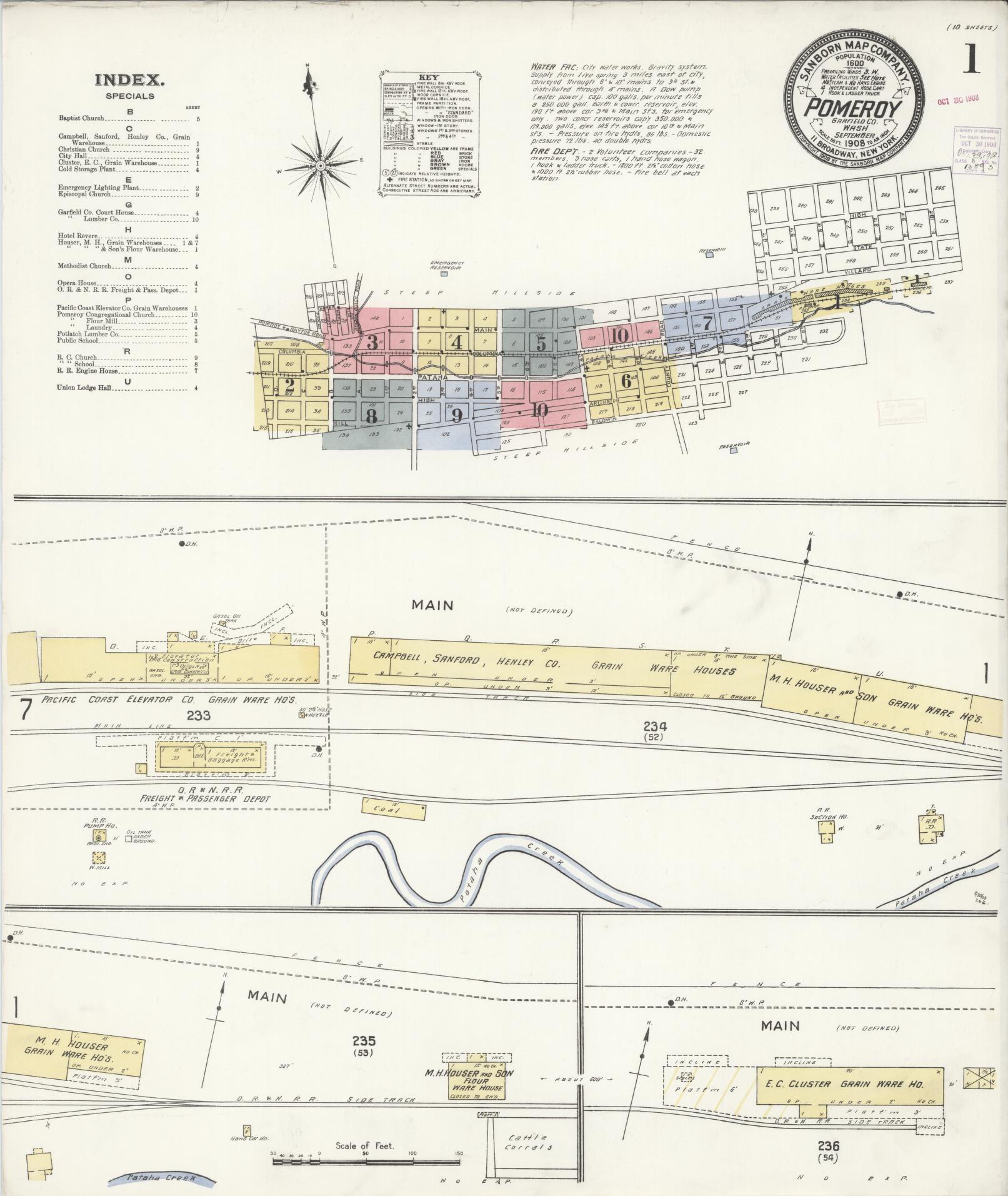 Sanborn Fire Insurance Map from Pomeroy, Garfield County, Washington (1908), Sheet #0001 - Historic Sanborn Fire Insurance Map Print, vintage old map wall art, antique decor, genealogy gift, Washington Washington map
