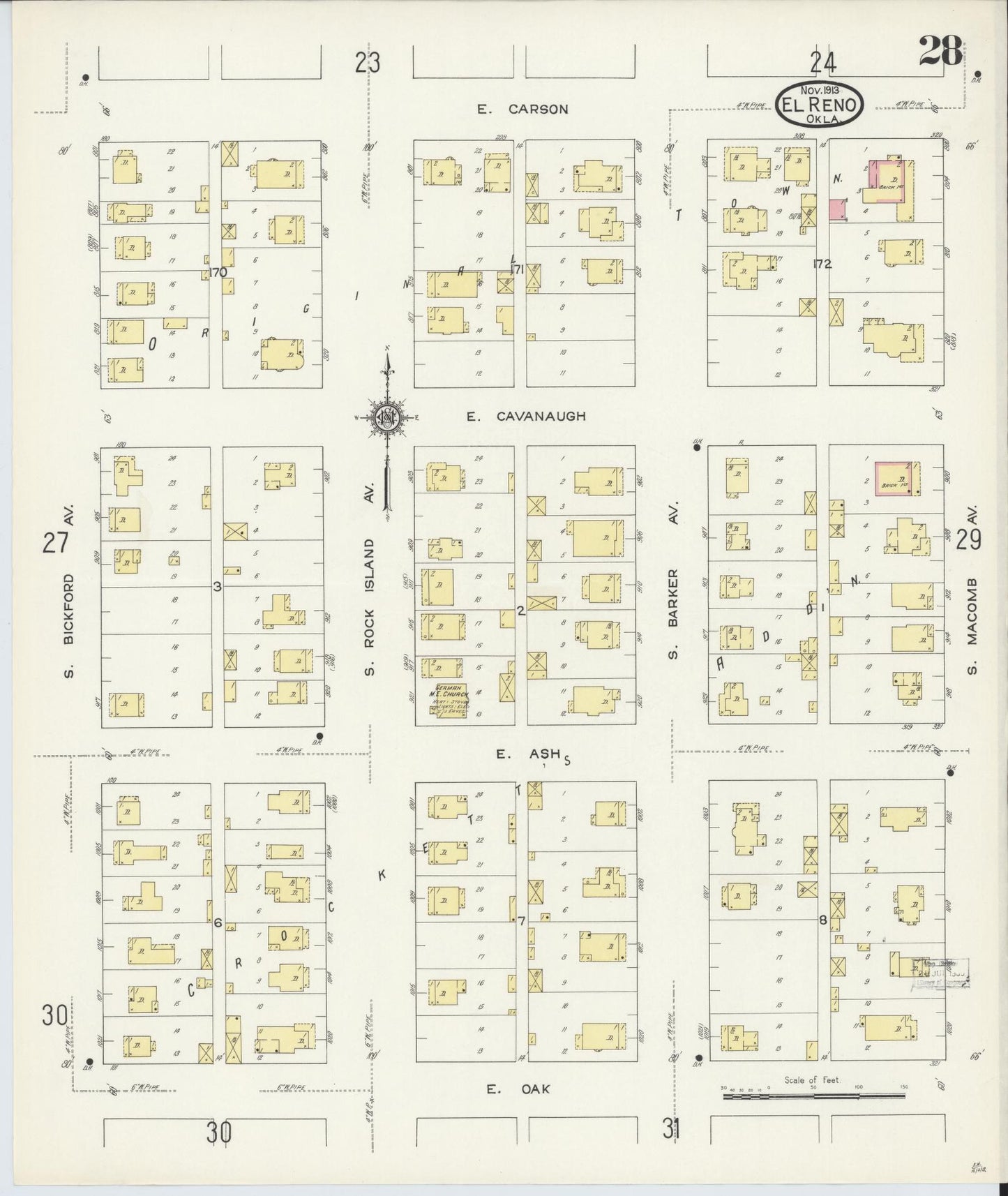 Sanborn Fire Insurance Map from El Reno, Canadian County, Oklahoma (1913), Sheet #0028 - Complete Map Set gallery image, historic Sanborn map, vintage wall art, Oklahoma Oklahoma