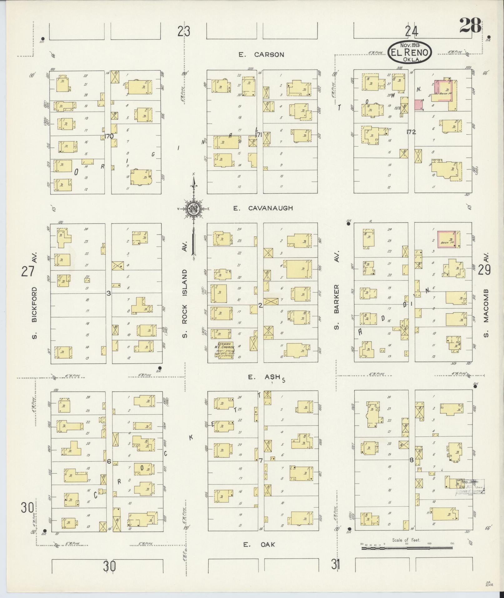 Sanborn Fire Insurance Map from El Reno, Canadian County, Oklahoma (1913), Sheet #0028 - Complete Map Set gallery image, historic Sanborn map, vintage wall art, Oklahoma Oklahoma