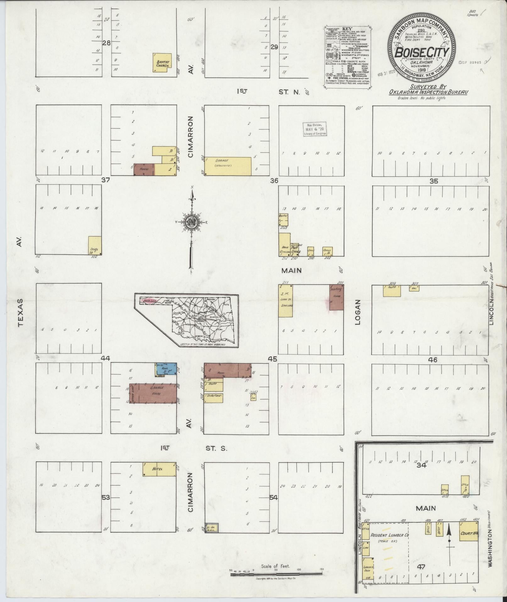 Sanborn Fire Insurance Map from Boise City, Cimarron County, Oklahoma (1919), Sheet #0001 - Historic Sanborn Fire Insurance Map Print, vintage old map wall art, antique decor, genealogy gift, Oklahoma Oklahoma map