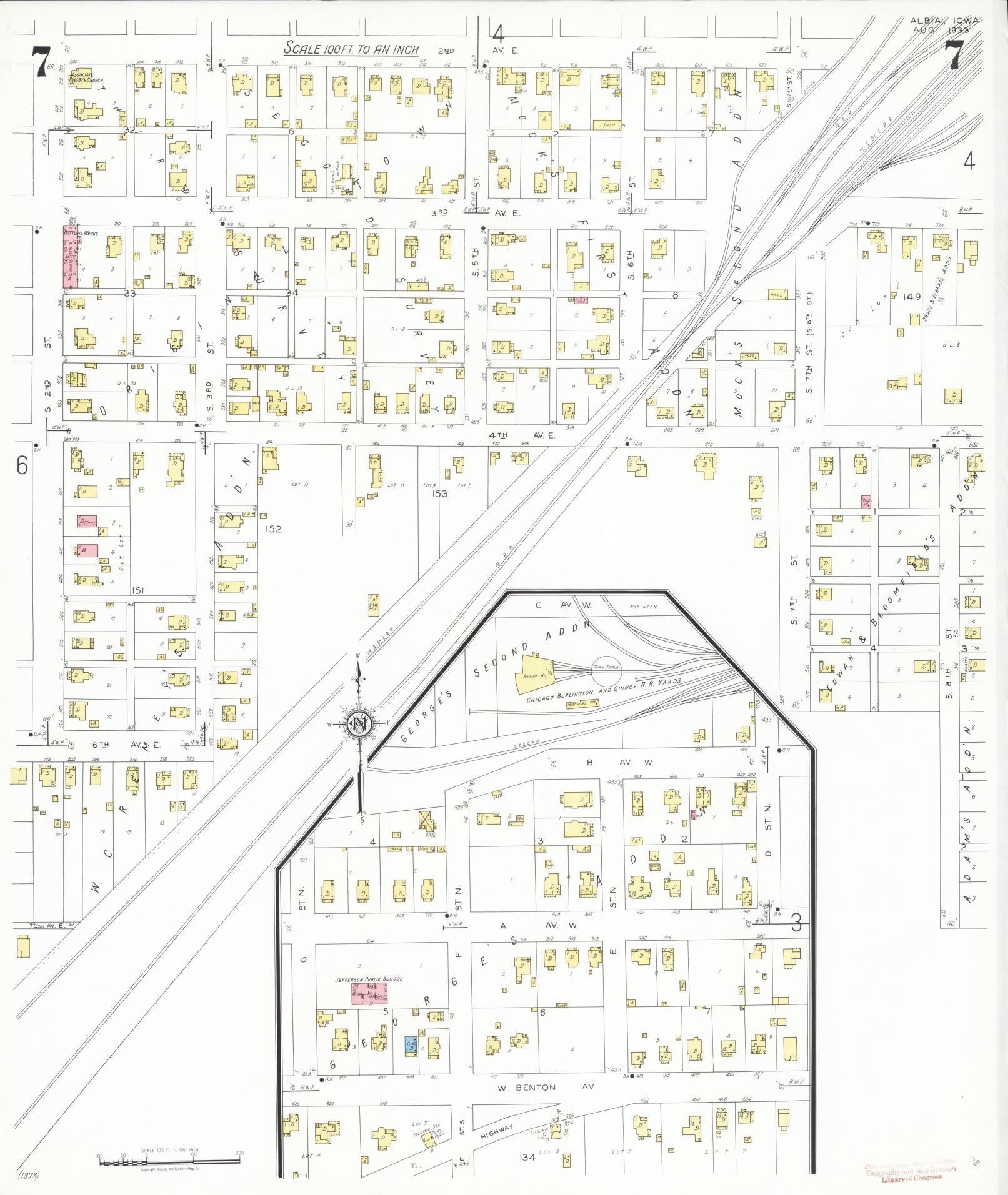 Sanborn Fire Insurance Map from Albia, Monroe County, Iowa (1933), Sheet #0007 - Historic Sanborn Fire Insurance Map Print, vintage old map wall art