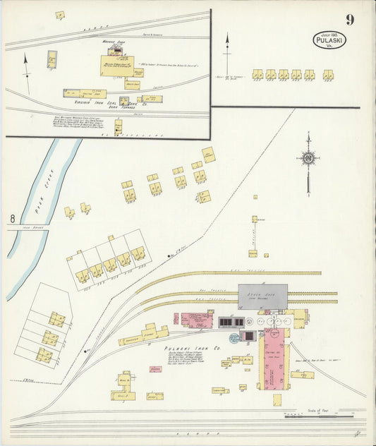 Sanborn Fire Insurance Map from Pulaski, Pulaski County, Virginia (1913), Sheet #0009 - Historic Sanborn Fire Insurance Map Print, vintage old map wall art, antique decor, genealogy gift, Virginia Virginia map