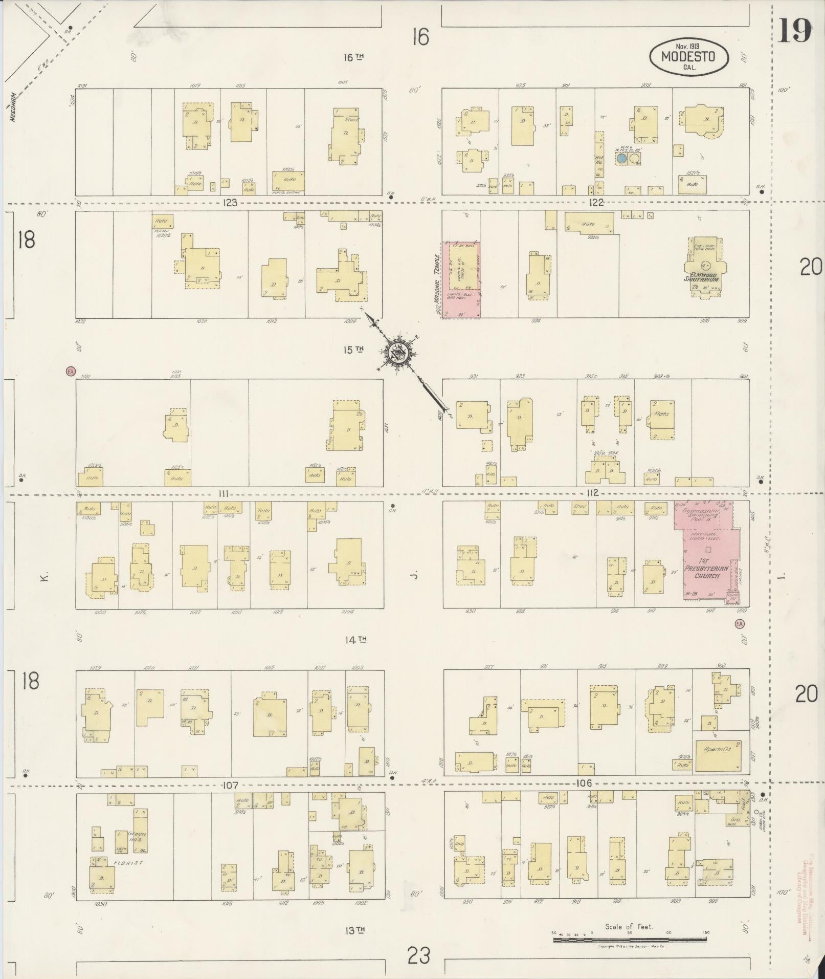 Sanborn Fire Insurance Map from Modesto, Stanislaus County, California (1919), Sheet #0019 - Complete Map Set gallery image, historic Sanborn map, vintage wall art, California California