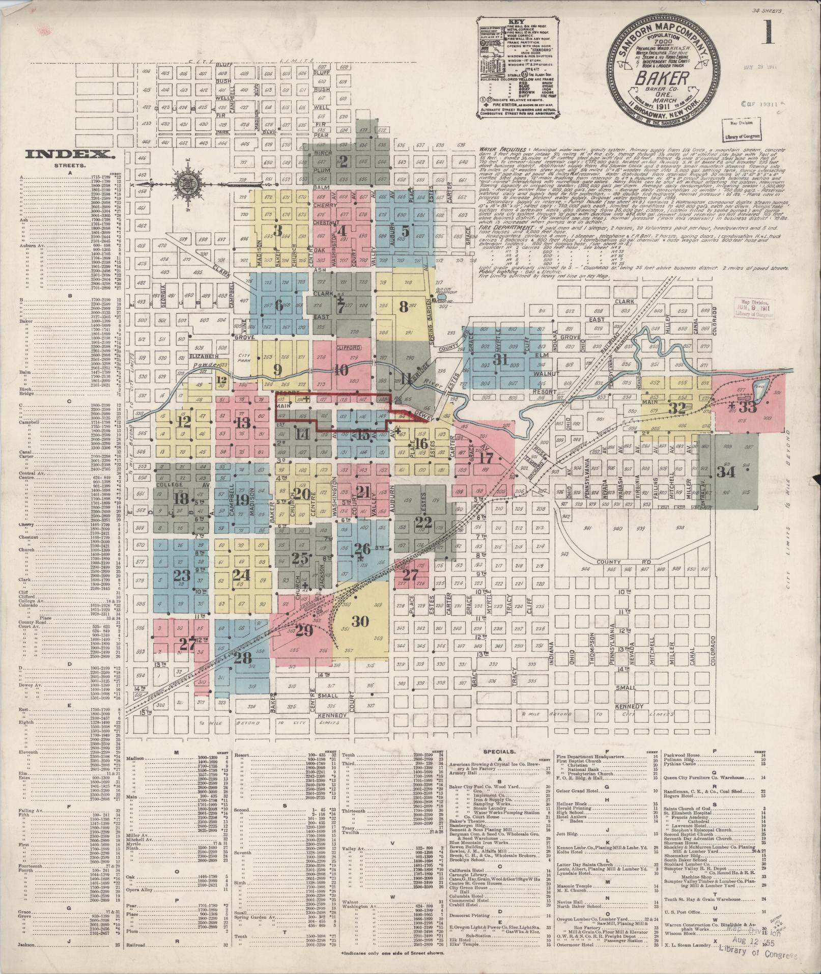 Sanborn Fire Insurance Map from Baker, Baker County, Oregon (1911), Sheet #0001 - Complete Map Set gallery image, historic Sanborn map, vintage wall art, Oregon Oregon