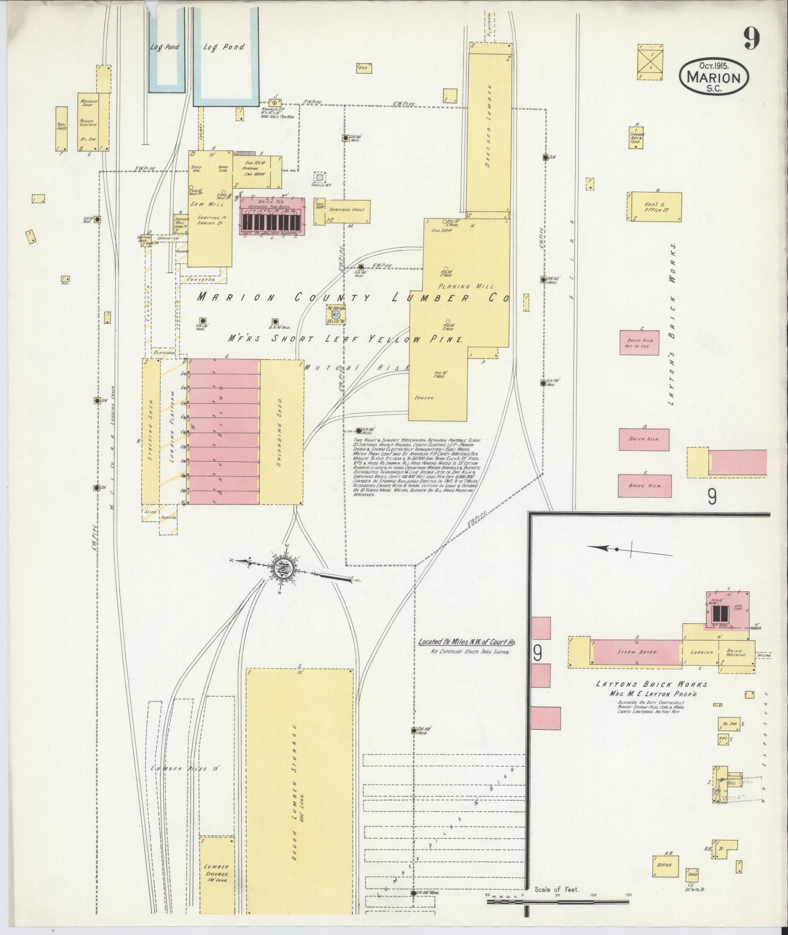 Sanborn Fire Insurance Map from Marion, Marion County, South Carolina (1915), Sheet #0009 - Historic Sanborn Fire Insurance Map Print, vintage old map wall art, antique decor, genealogy gift, South Carolina South Carolina map