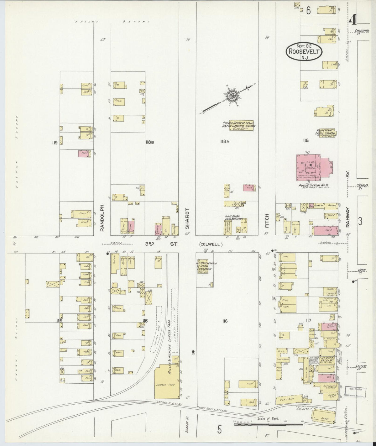 Sanborn Fire Insurance Map from Roosevelt, Middlesex County, New Jersey (1912), Sheet #0004 - Historic Sanborn Fire Insurance Map Print, vintage old map wall art, antique decor, genealogy gift, New Jersey New Jersey map
