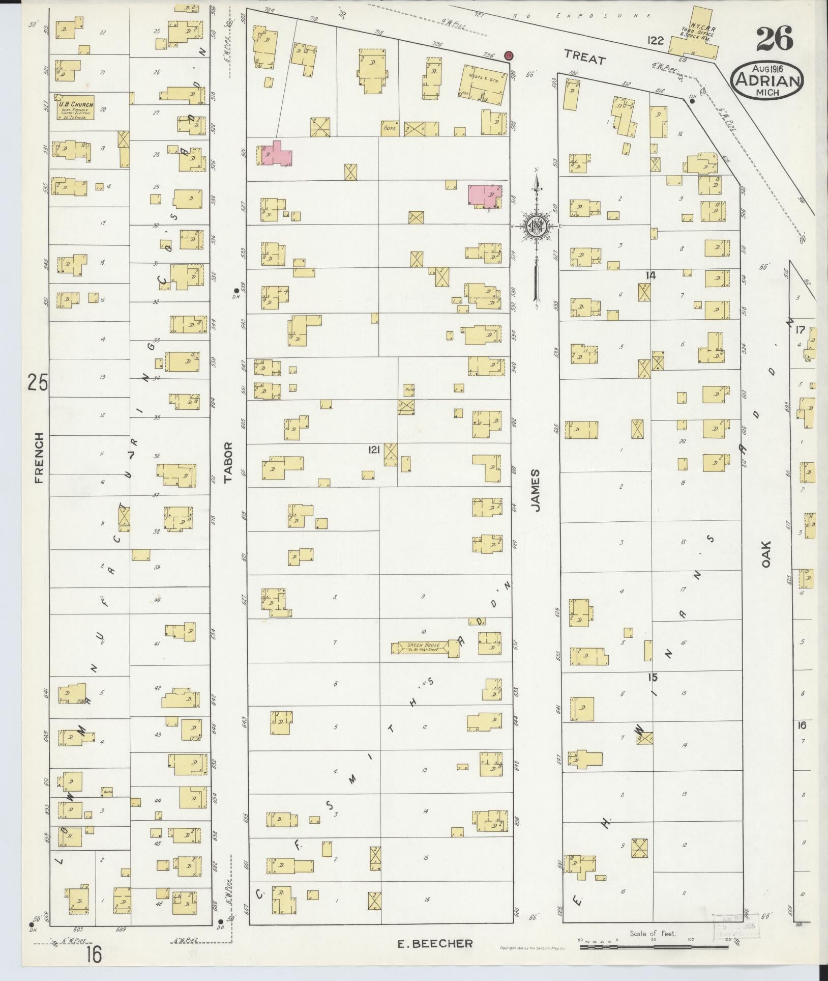 Sanborn Fire Insurance Map from Adrian, Lenawee County, Michigan (1916), Sheet #0026 - Complete Map Set gallery image, historic Sanborn map, vintage wall art, Michigan Michigan