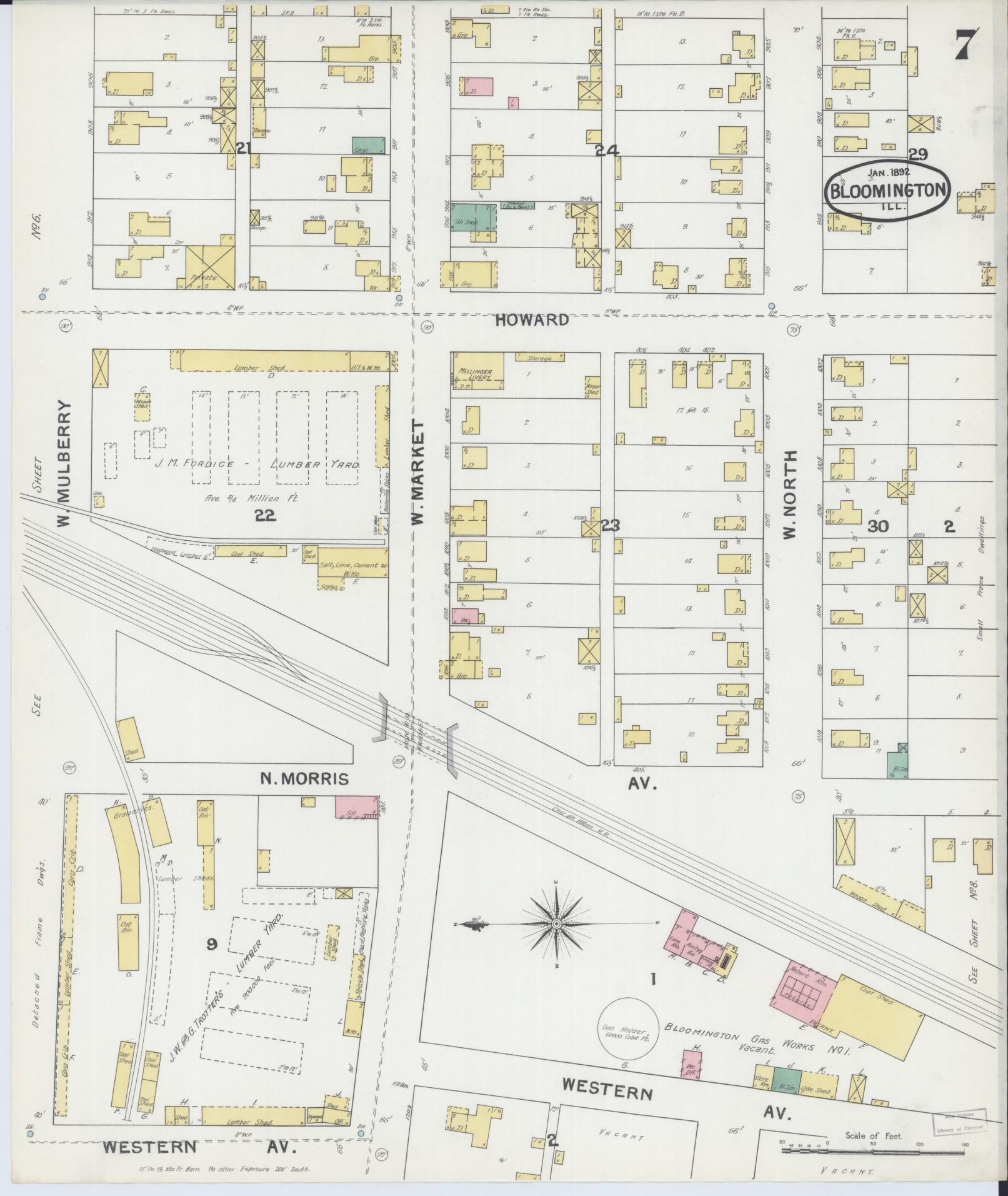 Sanborn Fire Insurance Map from Bloomington, McLean County, Illinois (1892), Sheet #0007 - Complete Map Set gallery image, historic Sanborn map, vintage wall art, Illinois Illinois