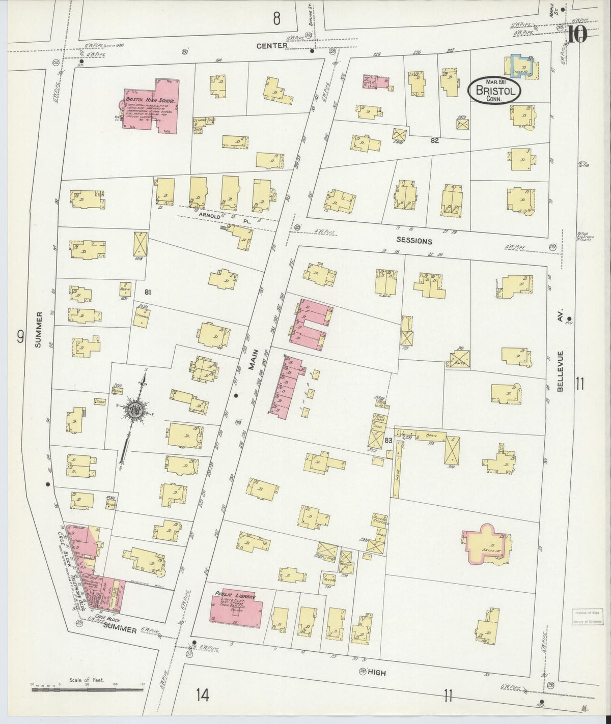 Sanborn Fire Insurance Map from Bristol, Hartford County, Connecticut (1911), Sheet #0010 - Historic Sanborn Fire Insurance Map Print, vintage old map wall art, antique decor, genealogy gift, Connecticut Connecticut map