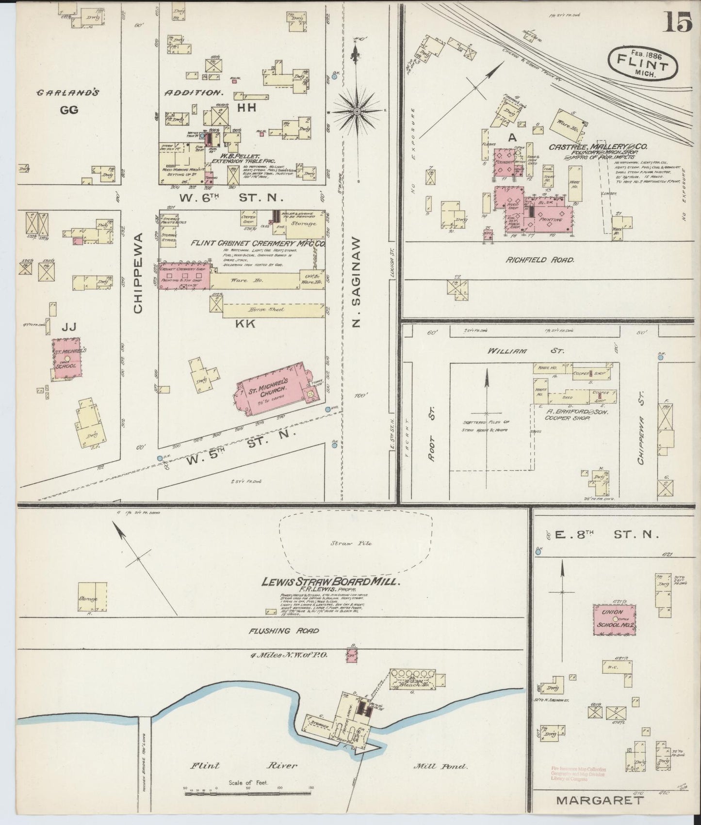 Sanborn Fire Insurance Map from Flint, Genesee County, Michigan (1886), Sheet #0015 - Historic Sanborn Fire Insurance Map Print, vintage old map wall art, antique decor, genealogy gift, Michigan Michigan map