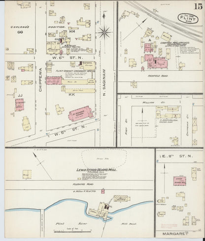 Sanborn Fire Insurance Map from Flint, Genesee County, Michigan (1886), Sheet #0015 - Historic Sanborn Fire Insurance Map Print, vintage old map wall art, antique decor, genealogy gift, Michigan Michigan map