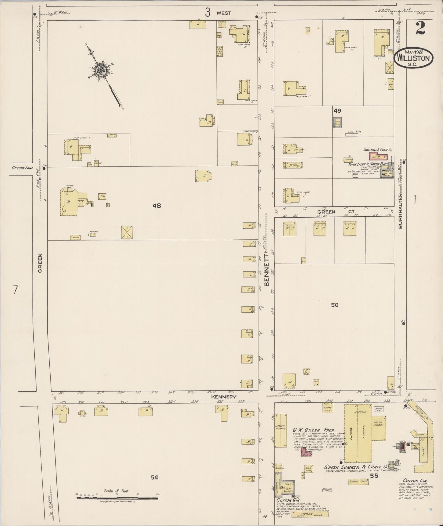 Sanborn Fire Insurance Map from Williston, Barnwell County, South Carolina (1922), Sheet #0002 - Historic Sanborn Fire Insurance Map Print, vintage old map wall art, antique decor, genealogy gift, South Carolina South Carolina map