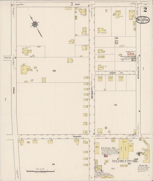 Sanborn Fire Insurance Map from Williston, Barnwell County, South Carolina (1922), Sheet #0002 - Historic Sanborn Fire Insurance Map Print, vintage old map wall art, antique decor, genealogy gift, South Carolina South Carolina map