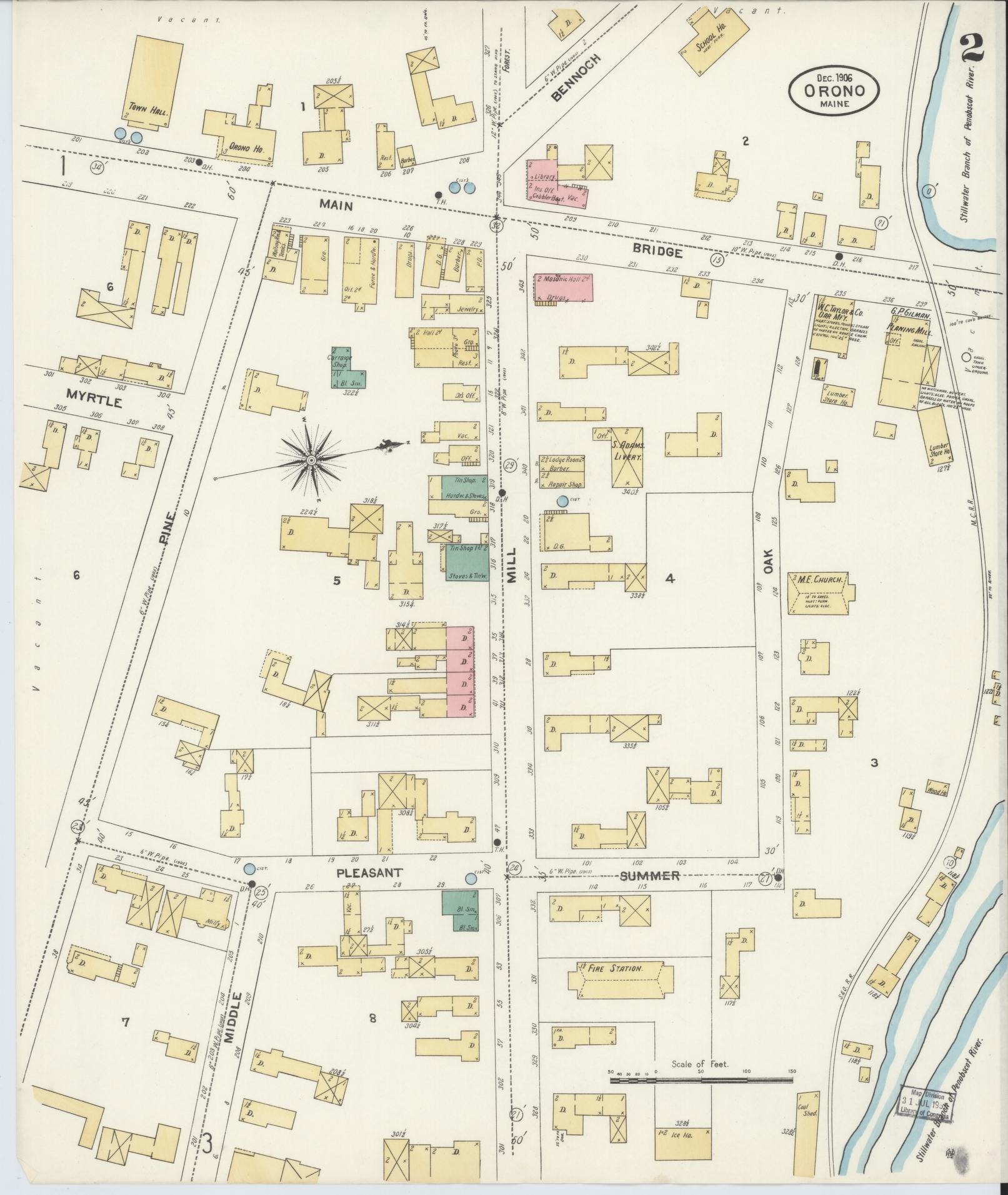 Sanborn Fire Insurance Map from Orono, Penobscot County, Maine (1906), Sheet #0002 - Complete Map Set gallery image, historic Sanborn map, vintage wall art, Maine Maine