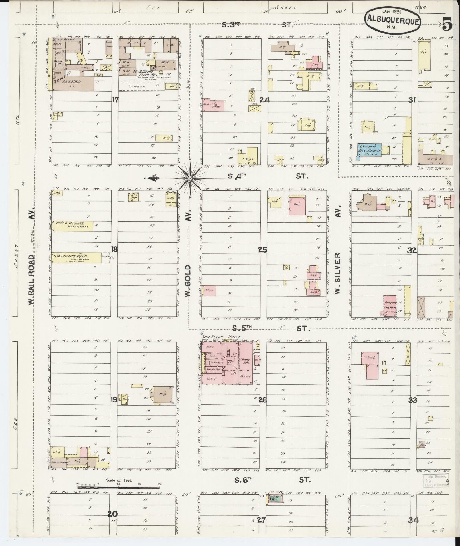 Sanborn Fire Insurance Map from Albuquerque, Bernalillo County, New Mexico (1891), Sheet #0005 - Historic Sanborn Fire Insurance Map Print, vintage old map wall art, antique decor, genealogy gift, New Mexico New Mexico map