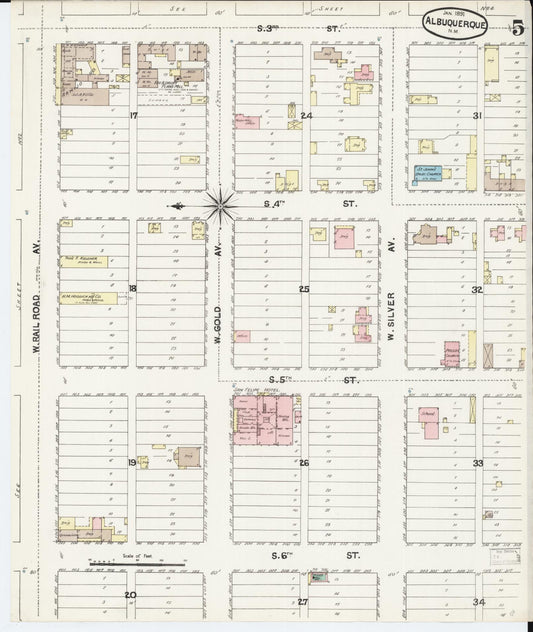 Sanborn Fire Insurance Map from Albuquerque, Bernalillo County, New Mexico (1891), Sheet #0005 - Historic Sanborn Fire Insurance Map Print, vintage old map wall art, antique decor, genealogy gift, New Mexico New Mexico map