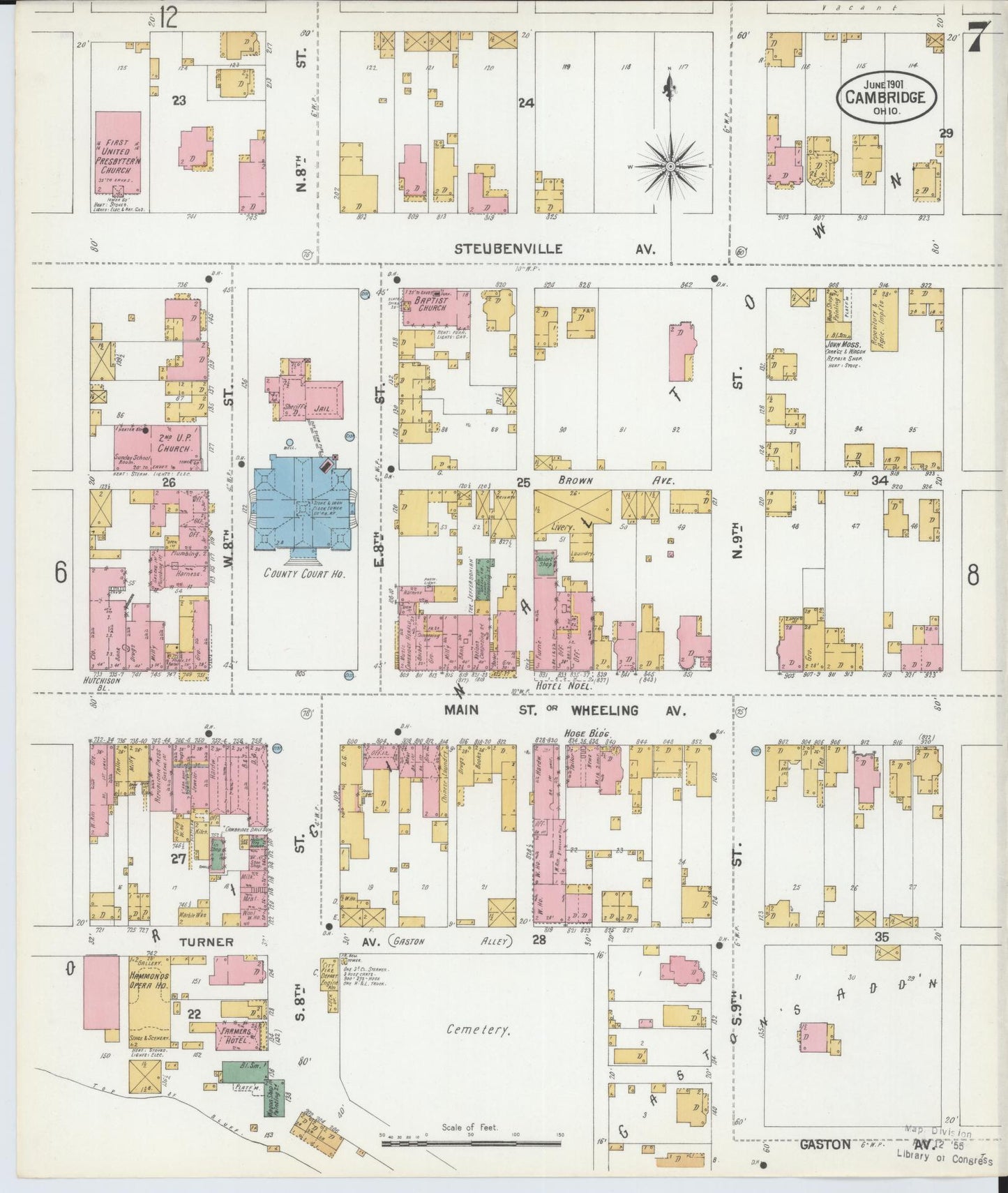 Sanborn Fire Insurance Map from Cambridge, Guernsey County, Ohio (1901), Sheet #0007 - Complete Map Set gallery image, historic Sanborn map, vintage wall art, Ohio Ohio