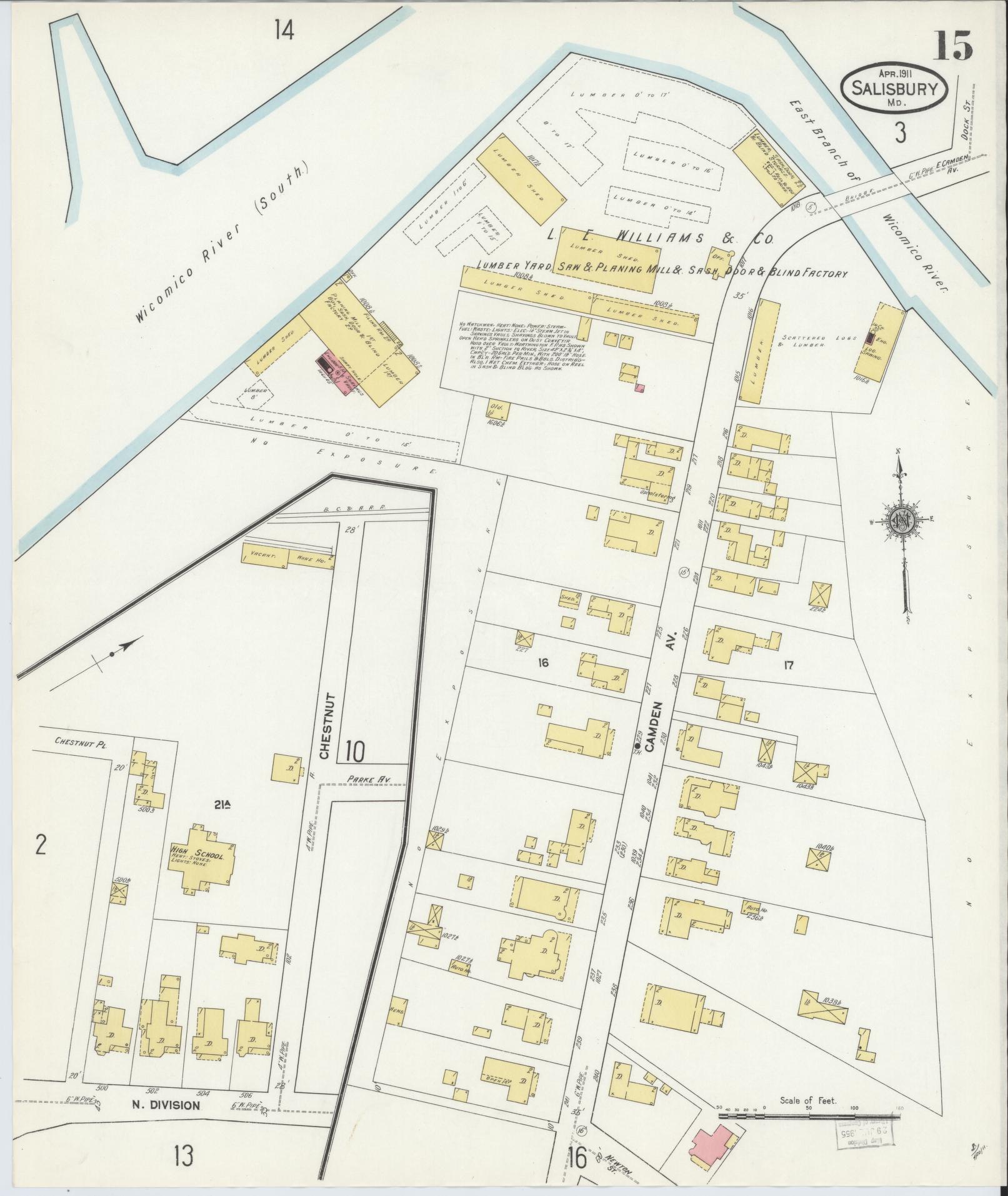 Sanborn Fire Insurance Map from Salisbury, Wicomico County, Maryland (1911), Sheet #0015 - Historic Sanborn Fire Insurance Map Print, vintage old map wall art