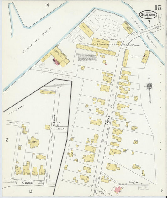 Sanborn Fire Insurance Map from Salisbury, Wicomico County, Maryland (1911), Sheet #0015 - Historic Sanborn Fire Insurance Map Print, vintage old map wall art