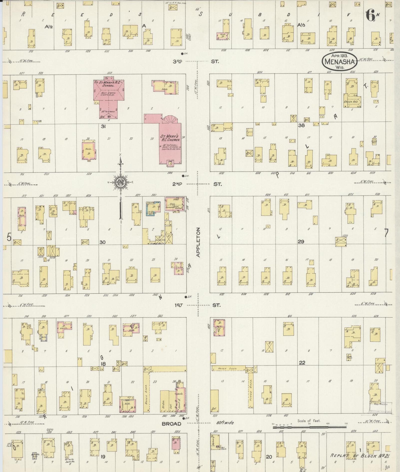 Sanborn Fire Insurance Map from Menasha, Winnebago County, Wisconsin (1913), Sheet #0006 - Historic Sanborn Fire Insurance Map Print, vintage old map wall art, antique decor, genealogy gift, Wisconsin Wisconsin map
