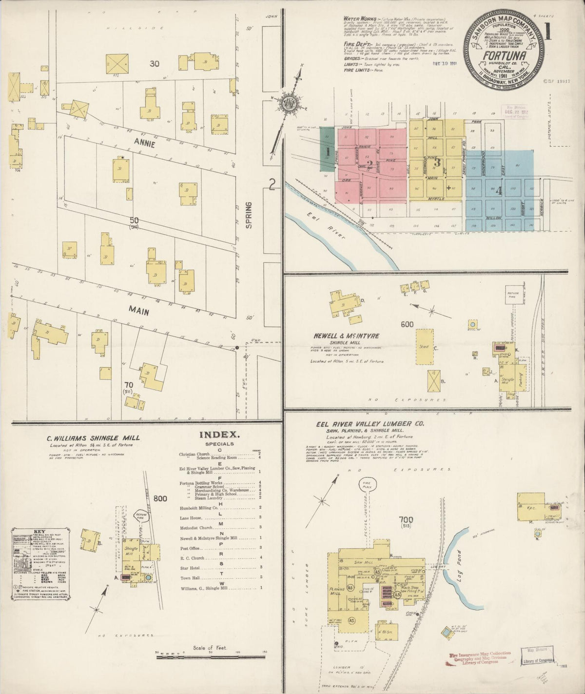 Sanborn Fire Insurance Map from Fortuna, Humboldt County, California (1911), Sheet #0001 - Complete Map Set gallery image, historic Sanborn map, vintage wall art, California California