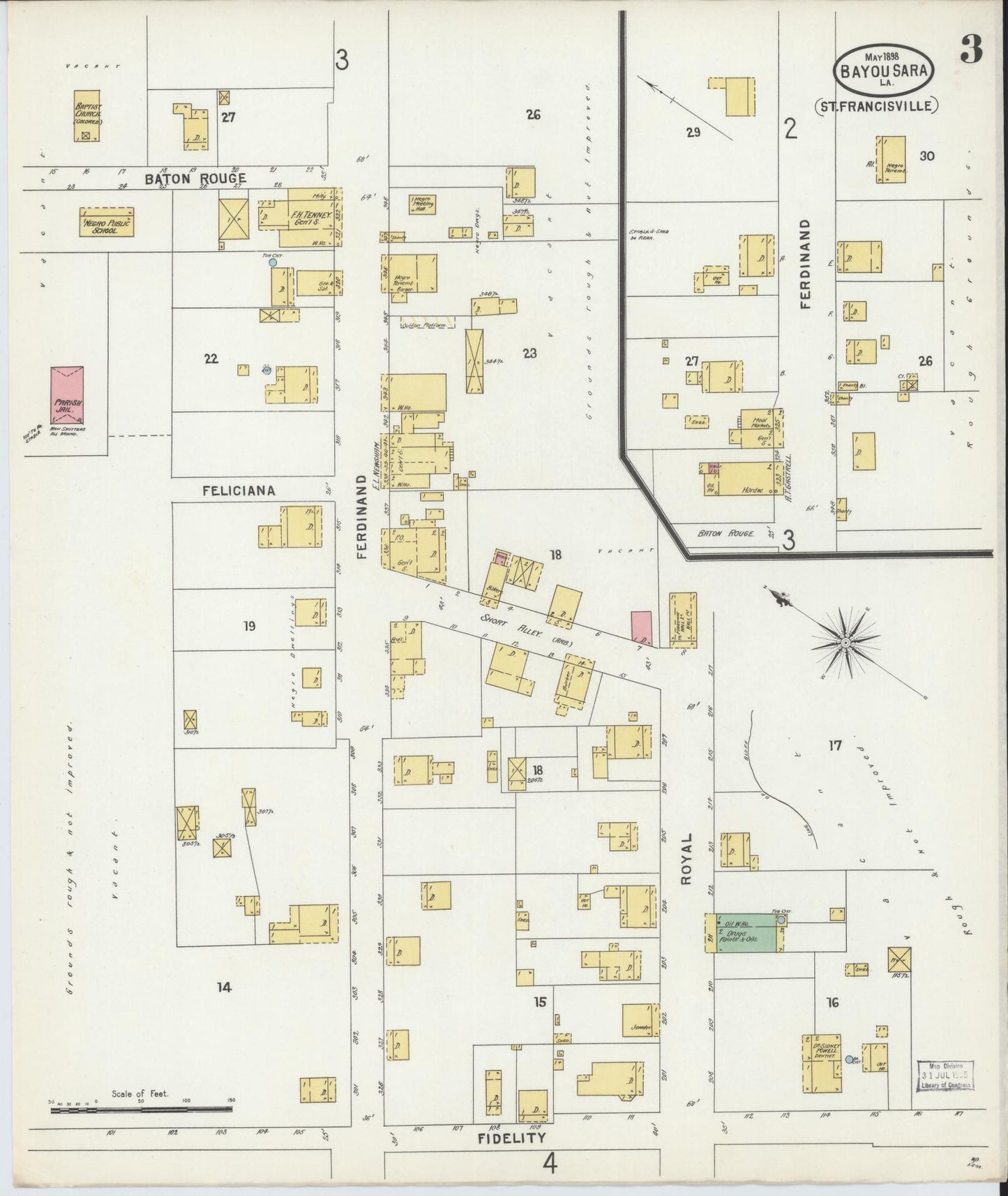Sanborn Fire Insurance Map from Bayou Sara, West Feliciana Parish, Louisiana (1898), Sheet #0003 - Complete Map Set gallery image, historic Sanborn map, vintage wall art, Louisiana Louisiana