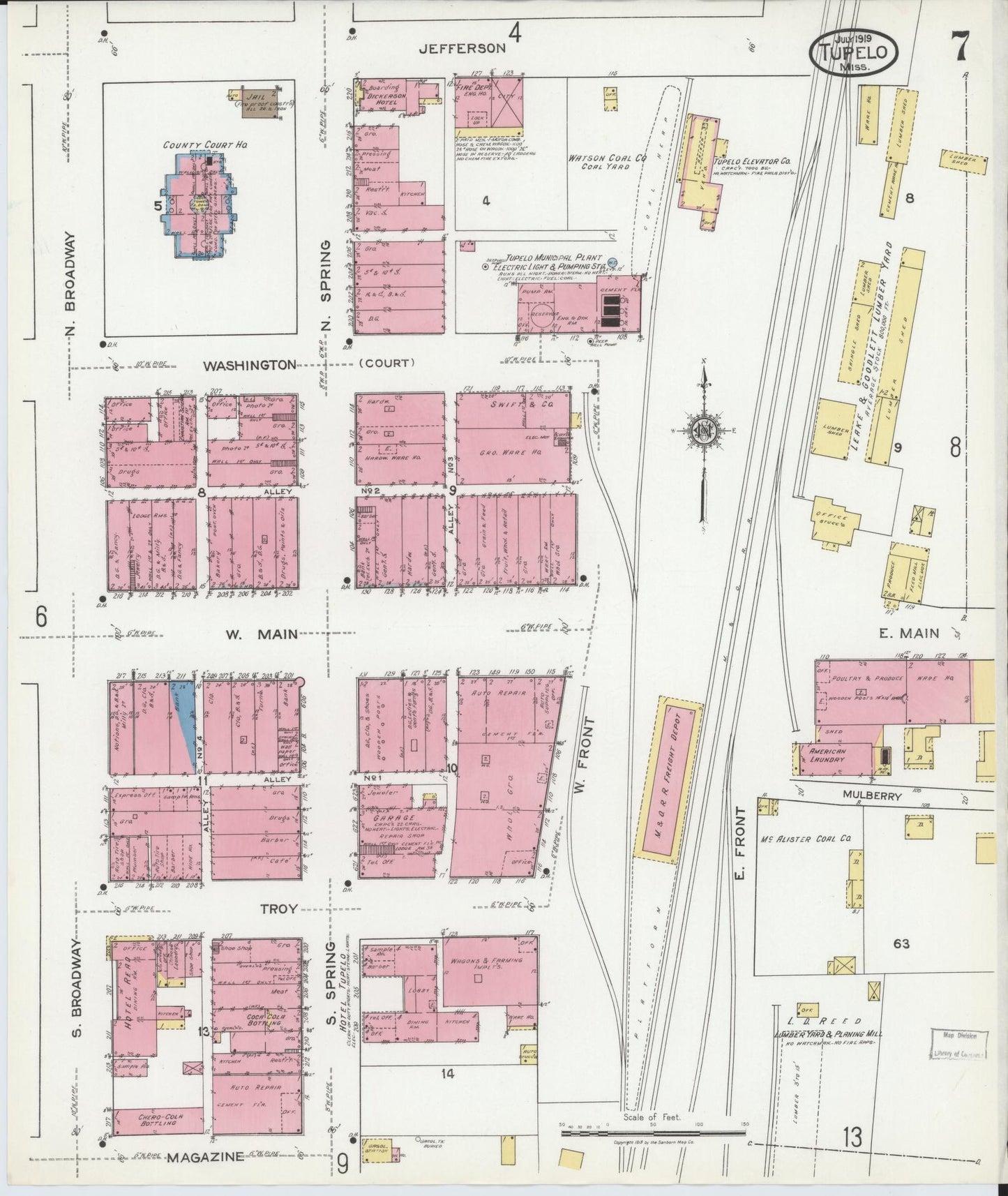 Sanborn Fire Insurance Map from Tupelo, Lee County, Mississippi (1919), Sheet #0007 - Complete Map Set gallery image, historic Sanborn map, vintage wall art, Mississippi Mississippi