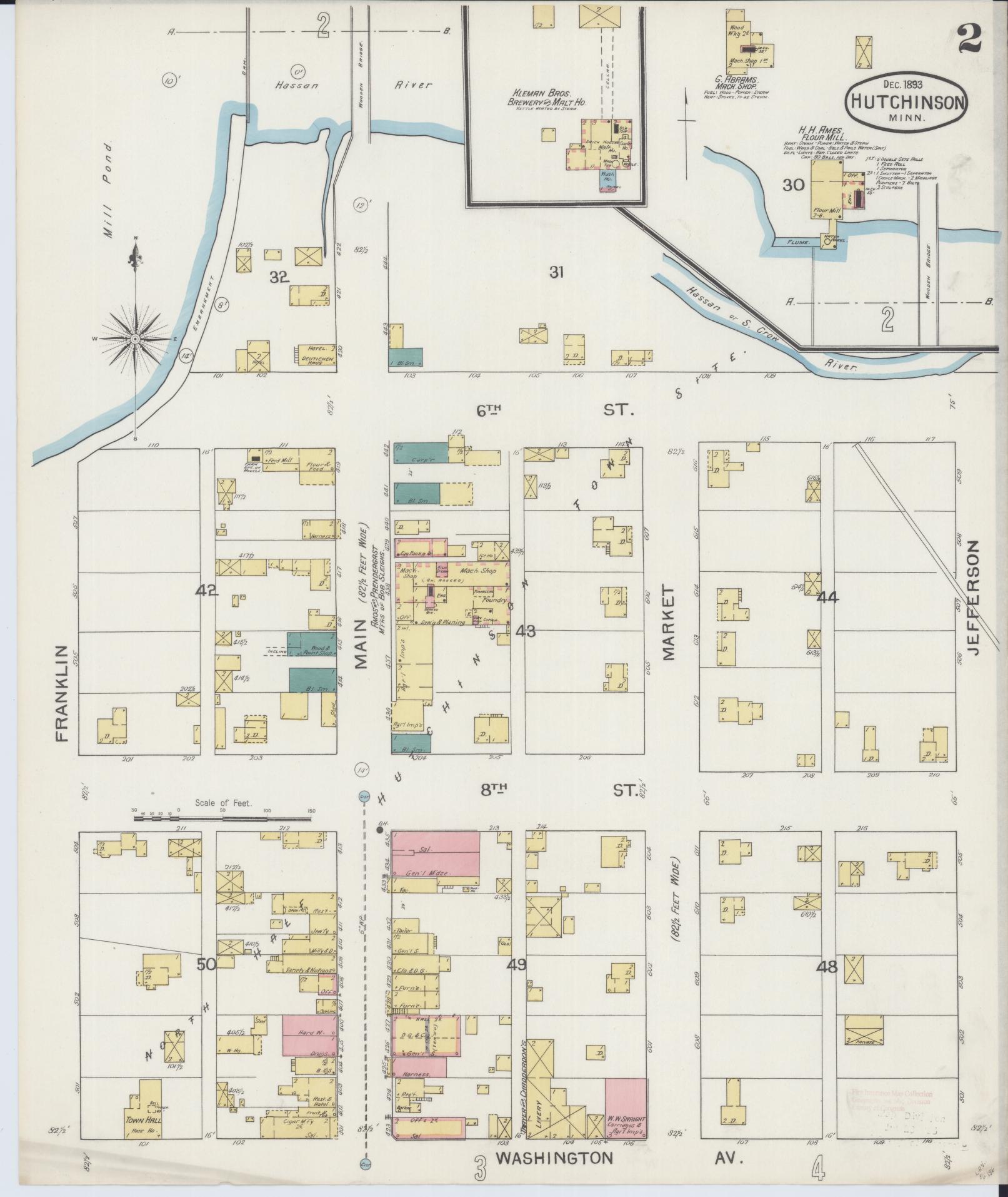 Sanborn Fire Insurance Map from Hutchinson, Mcleod County, Minnesota (1893), Sheet #0002 - Complete Map Set gallery image, historic Sanborn map, vintage wall art, Minnesota Minnesota