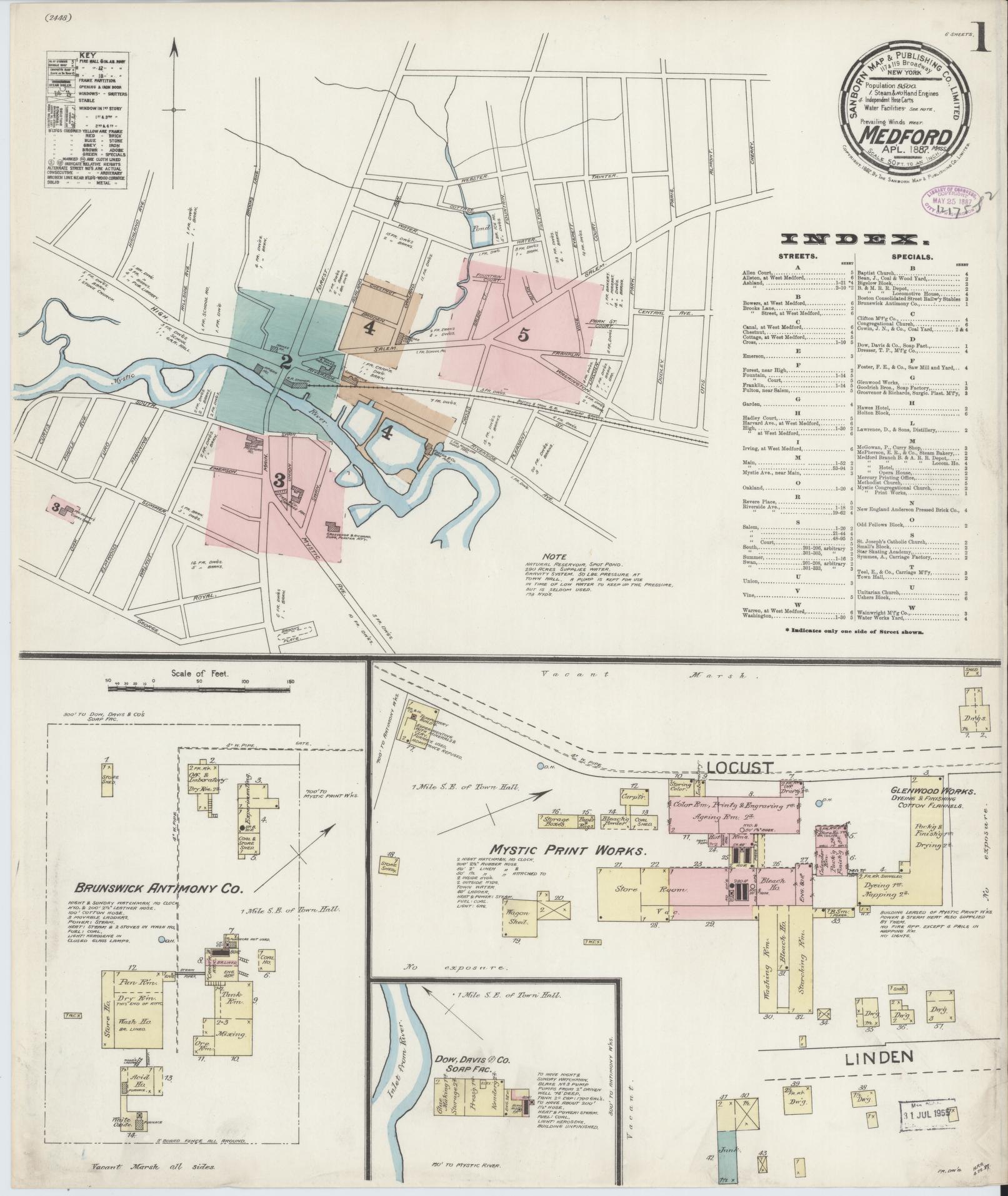 Sanborn Fire Insurance Map from Medford, Middlesex County, Massachusetts (1887), Sheet #0001 - Complete Map Set gallery image, historic Sanborn map, vintage wall art, Massachusetts Massachusetts
