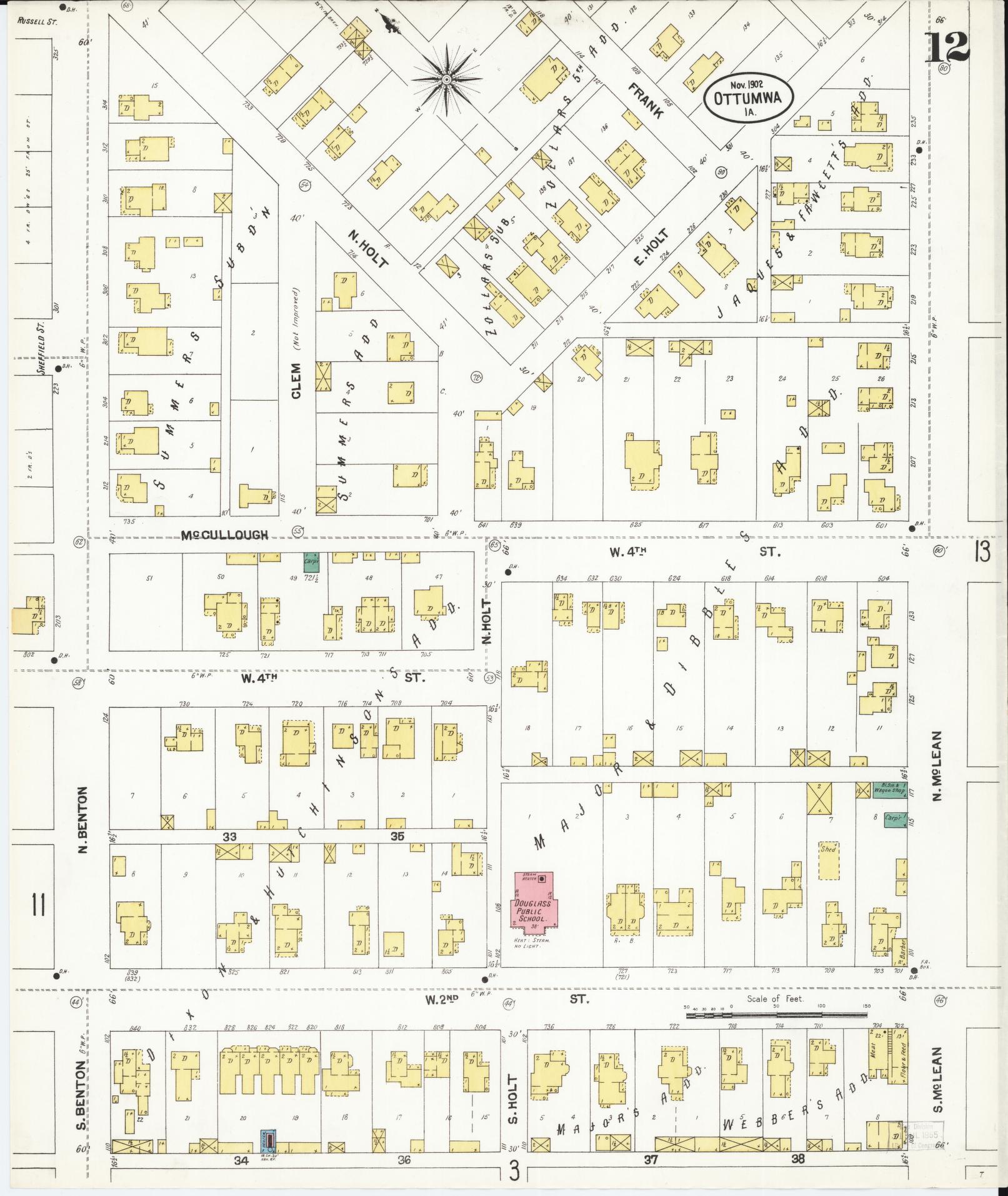 Sanborn Fire Insurance Map from Ottumwa, Wapello County, Iowa (1902), Sheet #0012 - Historic Sanborn Fire Insurance Map Print, vintage old map wall art