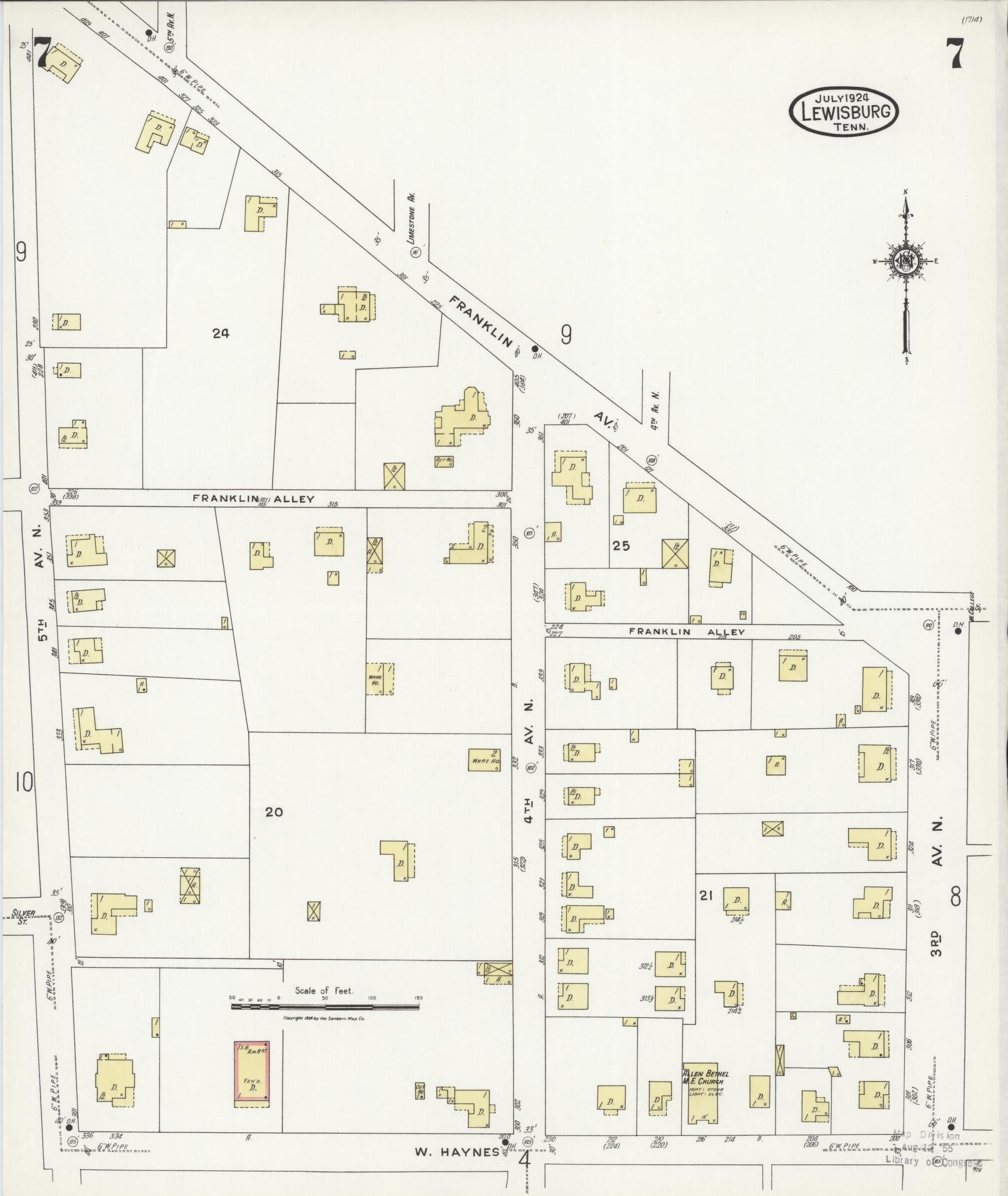 Sanborn Fire Insurance Map from Lewisburg, Marshall County, Tennessee (1924), Sheet #0007 - Historic Sanborn Fire Insurance Map Print, vintage old map wall art, antique decor, genealogy gift, Tennessee Tennessee map