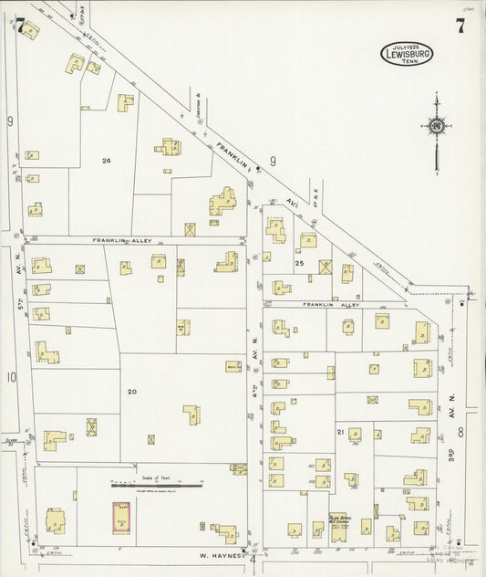 Sanborn Fire Insurance Map from Lewisburg, Marshall County, Tennessee (1924), Sheet #0007 - Historic Sanborn Fire Insurance Map Print, vintage old map wall art, antique decor, genealogy gift, Tennessee Tennessee map