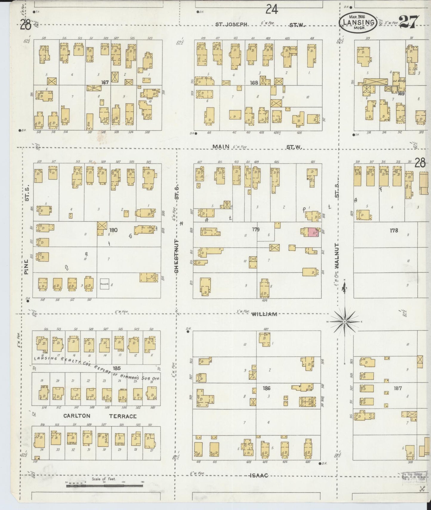 Sanborn Fire Insurance Map from Lansing, Ingham County, Michigan (1906), Sheet #0027 - Historic Sanborn Fire Insurance Map Print, vintage old map wall art, antique decor, genealogy gift, Michigan Michigan map