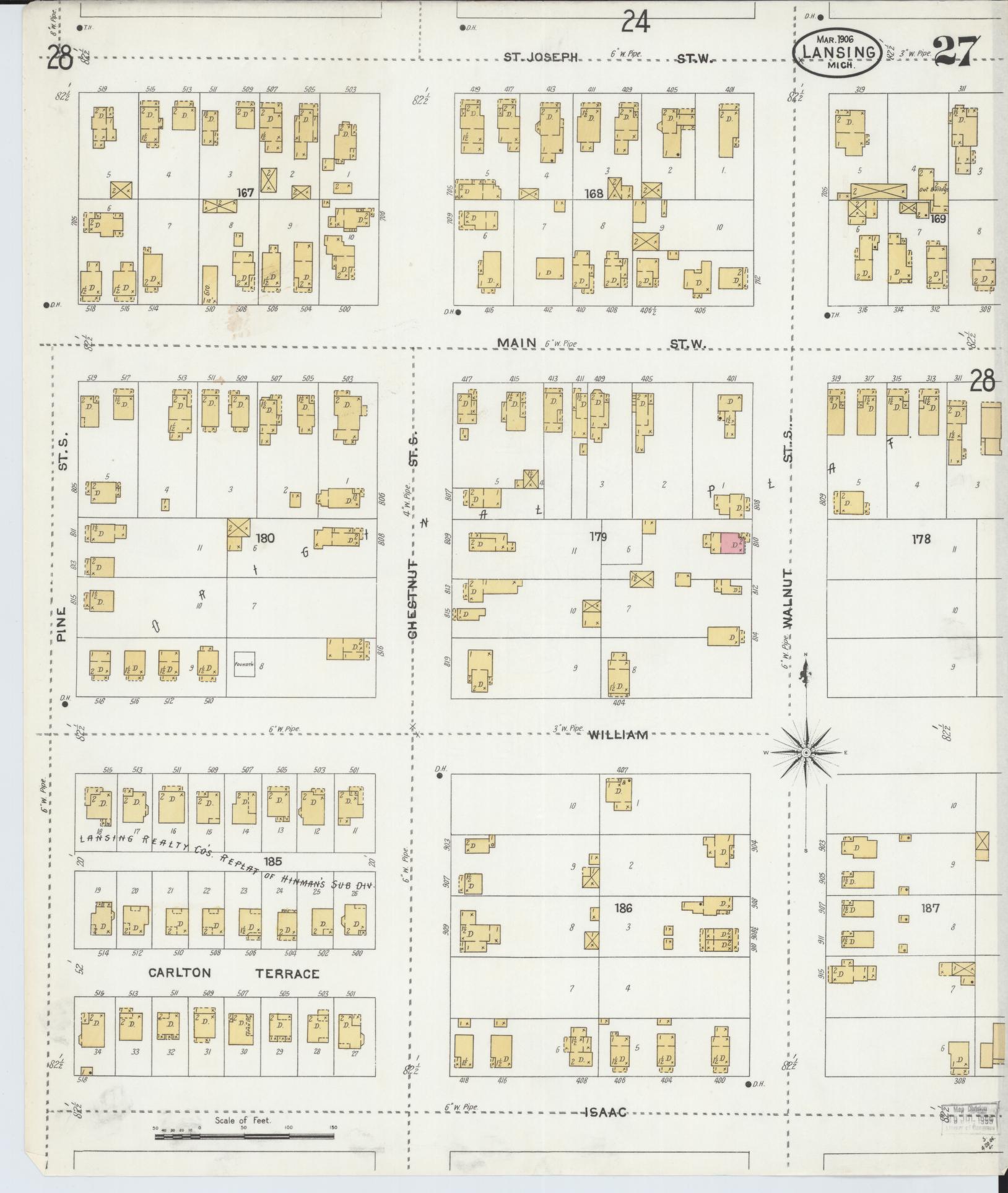 Sanborn Fire Insurance Map from Lansing, Ingham County, Michigan (1906), Sheet #0027 - Historic Sanborn Fire Insurance Map Print, vintage old map wall art, antique decor, genealogy gift, Michigan Michigan map