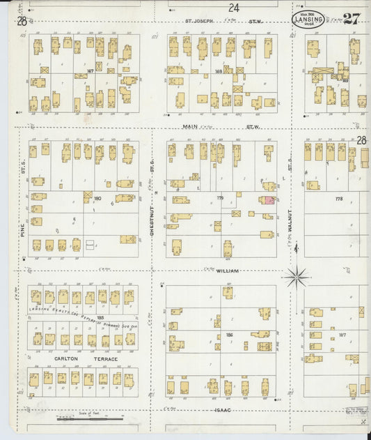 Sanborn Fire Insurance Map from Lansing, Ingham County, Michigan (1906), Sheet #0027 - Historic Sanborn Fire Insurance Map Print, vintage old map wall art, antique decor, genealogy gift, Michigan Michigan map
